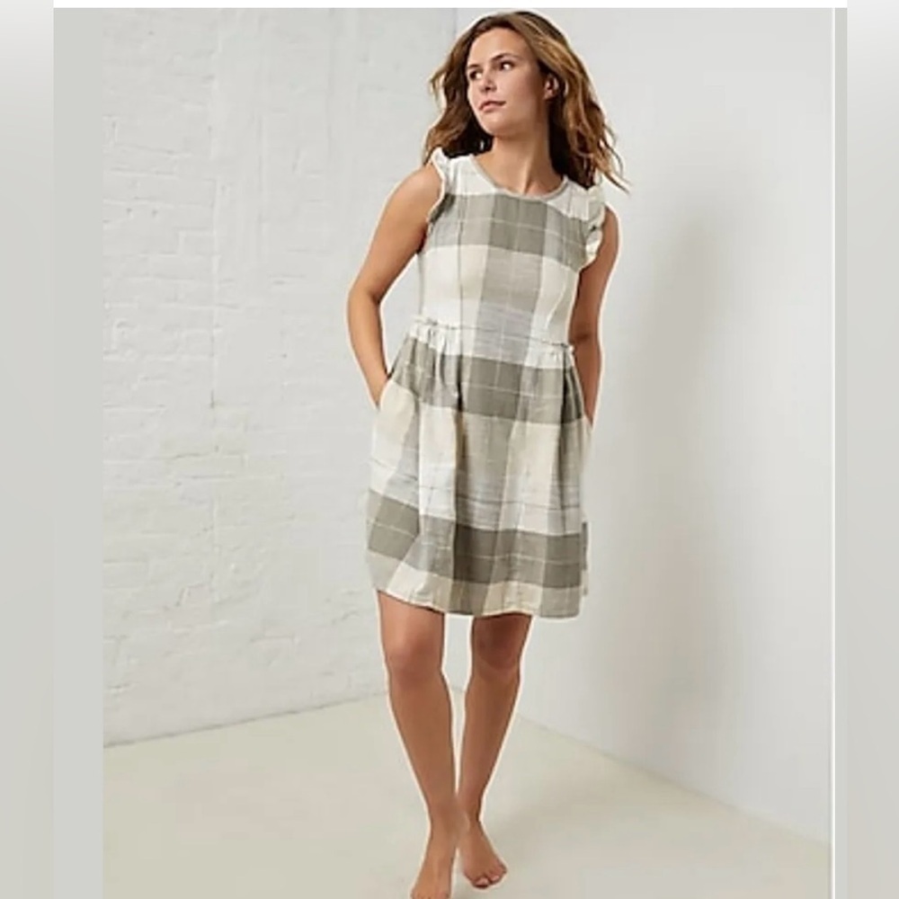 UpWest Plaid Flannel Babydoll Mini Dress Flutter Sleeve Beige Gray NWT Size M - Picture 4 of 15